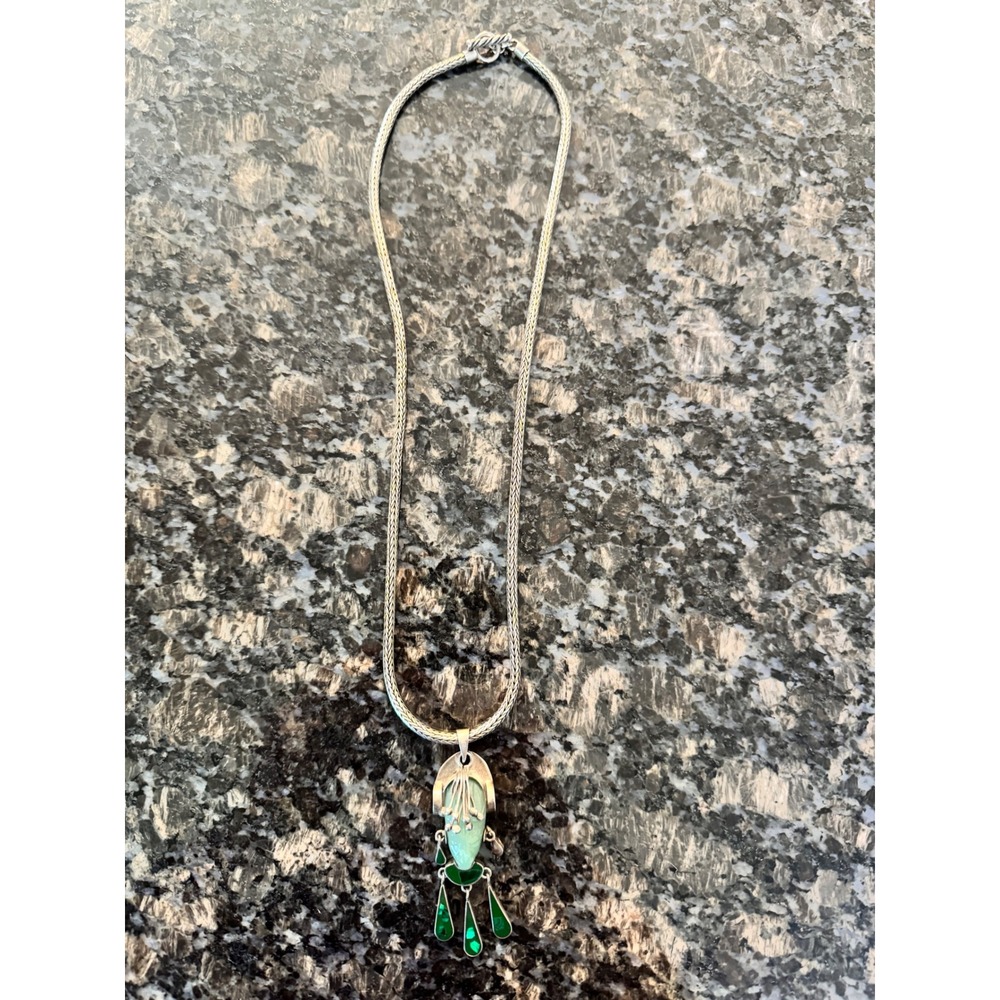 Vintage Mexican Sterling Silver Carved Jade Stone Face Malachite Inlay Necklace